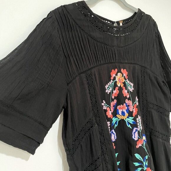 Free People Black Embroidered Lace Gauzy Mini Dress Perfectly Victorian S Boho - Picture 3 of 11
